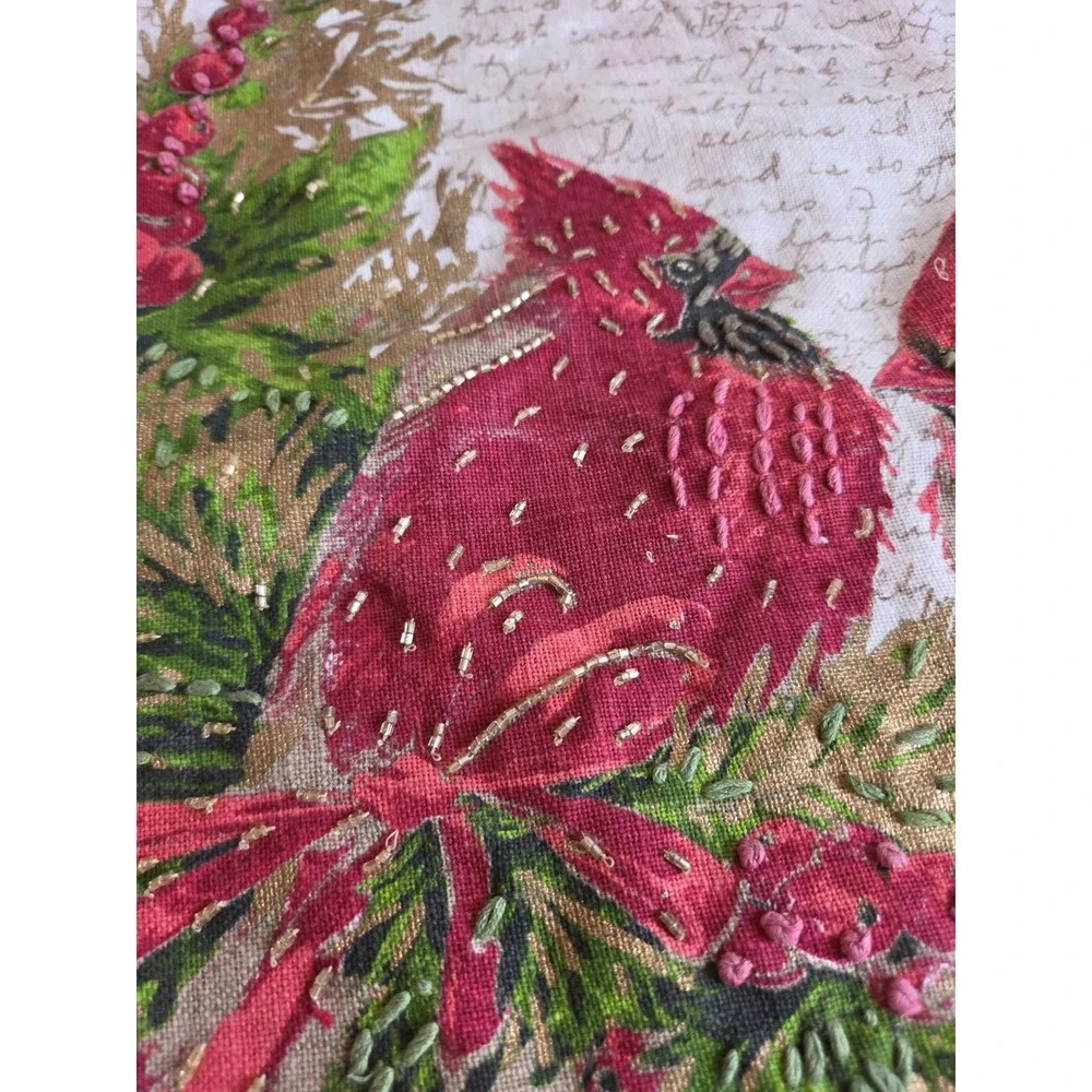Christmas Birds Pillow Cover Beige Red Cardina Beaded Linen Blend 19x19